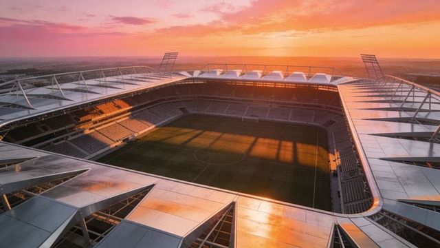 Sunset-lit stadium aerial view showing empty pitch, tiered stands and warm glow