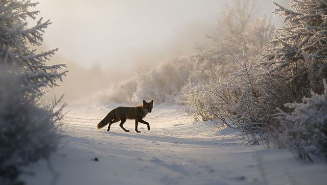 Red fox crossing snow-covered trail at golden sunrise in frosty misty winter forest