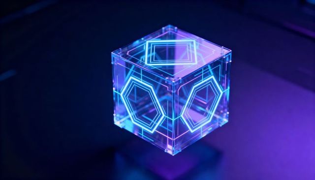 Transparent neon cube hovering above reflective surface with cyan and magenta glow