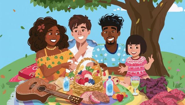 Smiling multicultural friends enjoying sunny picnic under tree with basket and ukulele
