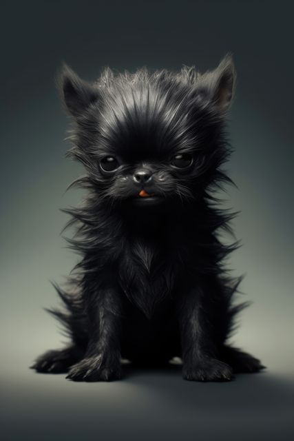 Small chihuahua angry black dog on black background created using generative ai technology. Animals, pets and nature concept digitally generated image.