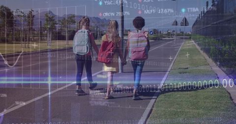 Children Walking Together with Digital Data Overlay