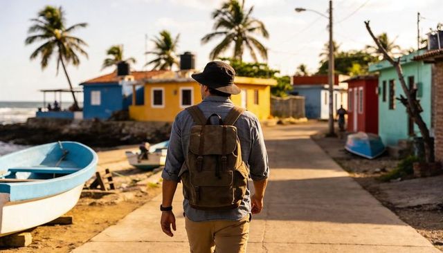 Traveler Walking Through Colorful Fishing Village with Palm Trees and Canvas Backpack