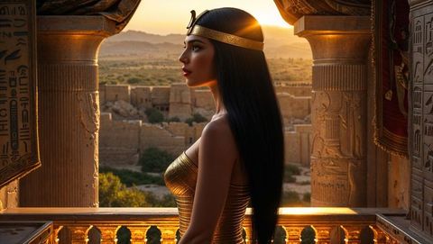 Elegant cleopatra in gold dress on ancient palace balcony at sunset