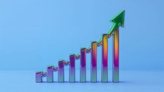 Futuristic iridescent bar chart with green arrow on blue background