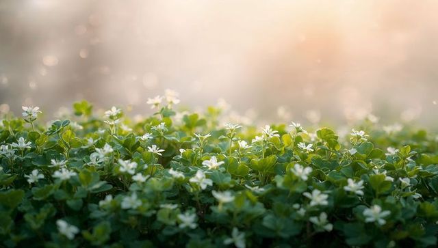 Sunlit White Groundcover Blooming Over Green Leaf Carpet with Soft Bokeh Light