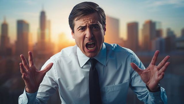 Businessman expressing frustration in urban office setting at sunset