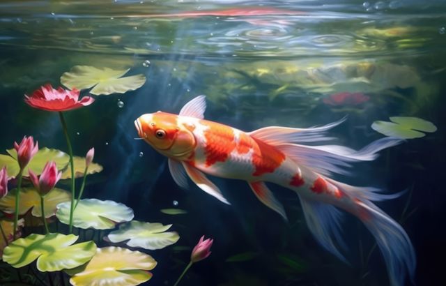 This image depicts a beautiful koi fish gracefully swimming in a calm pond filled with lotus flowers and aquatic plants. The sunlight penetrating the water adds a magical ambiance. It is perfect for use in nature-themed projects, aquatic life studies, relaxation content, and decorative purposes in zen and spa environments.