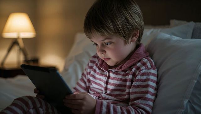Child using tablet in bed at night with warm lamp glow and cozy striped pajamas