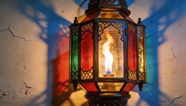 Hexagonal stained-glass lantern casting warm multicolor shadows on cracked plaster wall