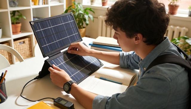 Student testing foldable solar panel on desk for portable renewable energy and study