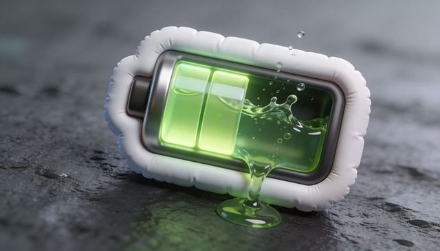 Leaking neon battery spilling glowing green liquid on wet floor with inflatable cushion