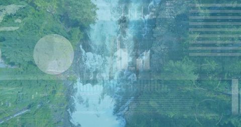 Cascading Waterfall in Forest Gorge with Futuristic HUD Overlay and Data Visualization
