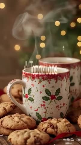 Steaming Holiday Mug Releasing Steam with Warm Cookies and Twinkling Lights - Vertical Video