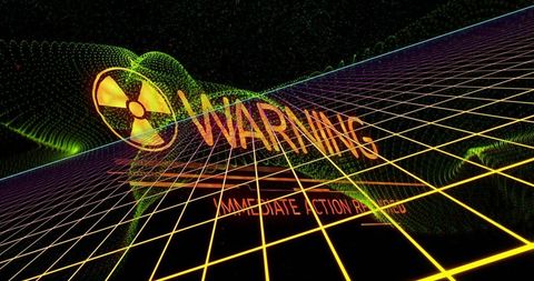 Futuristic neon interface warning with radiation hazard symbol
