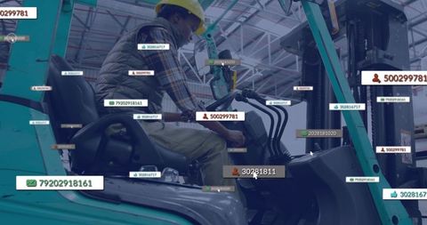 Forklift operator navigating warehouse using joystick with digital tracking tags overlay