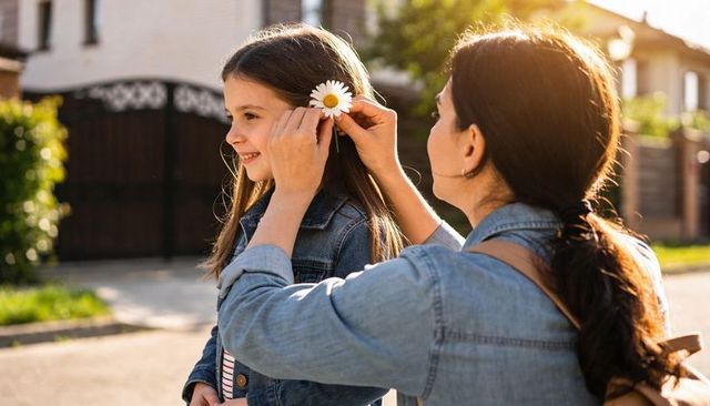 Mother placing daisy behind daughter's ear during golden hour on suburban sidewalk
