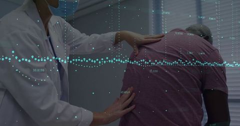 Healthcare professional conducting back examination with data analytics overlay