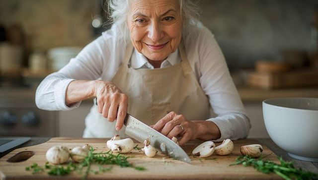 Smiling senior woman chopping mushrooms on wooden board in cozy home kitchen