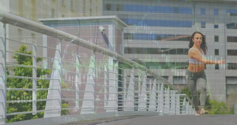 woman performs athletic jump on city bridge with digital graph overlay - Download Free Stock Images Pikwizard.com