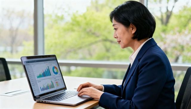 Asian executive analyzing laptop dashboards and charts in bright office