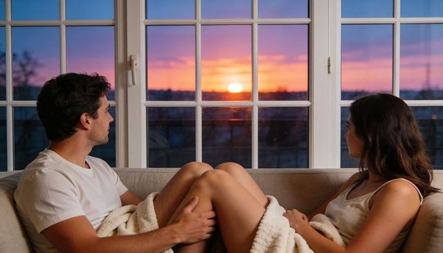 Couple watching sunset through grid window wrapped in blanket on sofa evening intimacy