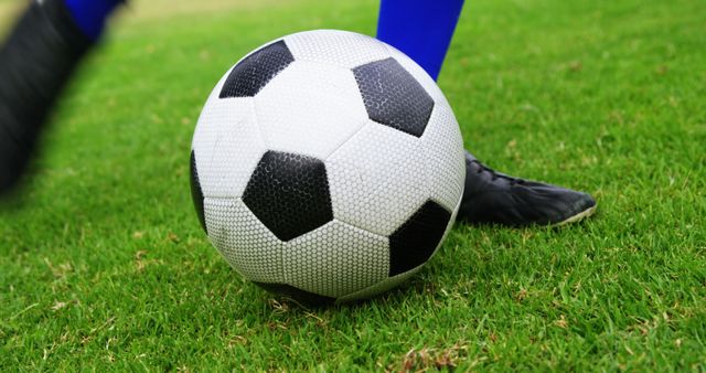 A close-up view of a player wearing black soccer cleats and blue socks, preparing to kick a classic black and white soccer ball on a lush green field. Ideal for use in sports promotions, athletic wear advertising, amateur or professional football events, and youth sporting programs.