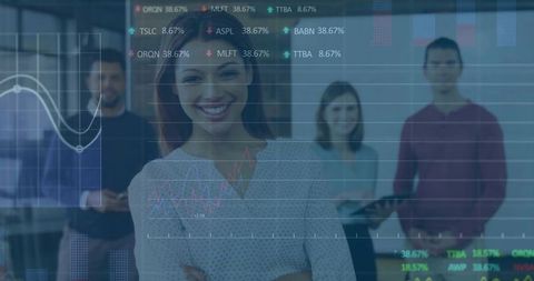 Confident Business Team with Digital Financial Analysis Overlay