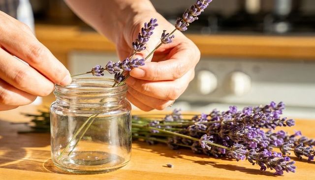 Sunlit hands arranging lavender stems into clear glass jar on wooden kitchen counter