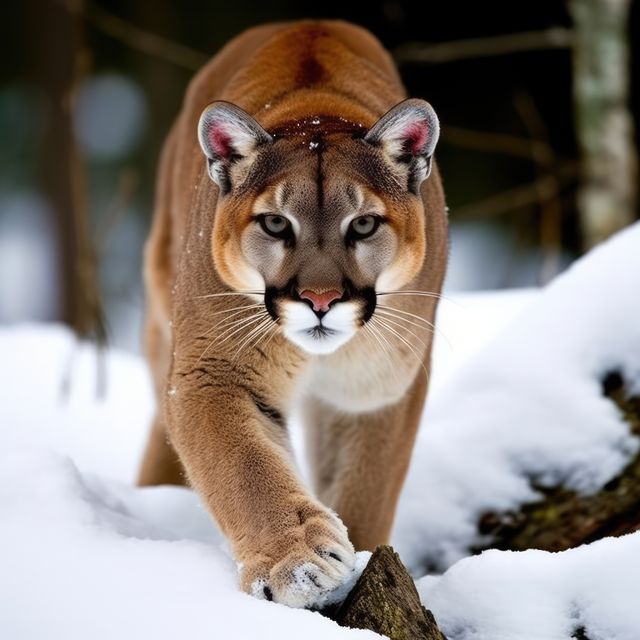 A majestic mountain lion moves stealthily through the snow. Its intense gaze and muscular build highlight its status as a formidable predator in its natural habitat.