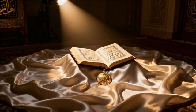 Glowing open quran on silk satin with ornate gold medallion and mosque calligraphy