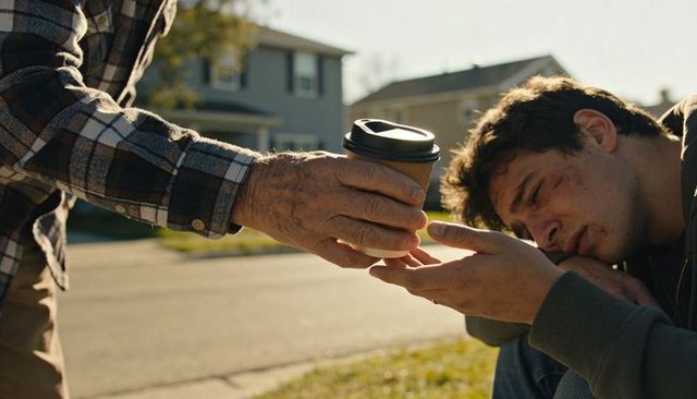 Elderly neighbor offering coffee to injured young man on suburban curb showing compassion