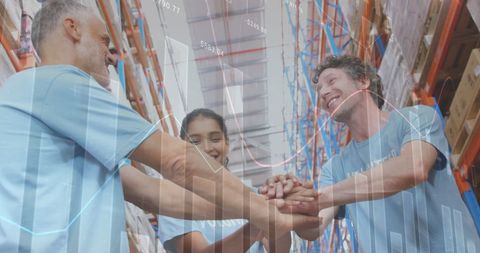 Diverse Warehouse Team Celebrating Success With Data Overlay - Download Free Stock Images Pikwizard.com