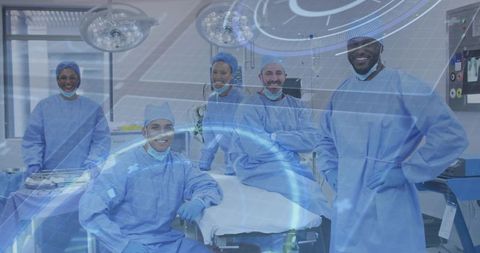 Diverse Surgical Team with AR Technology Interface in Hospital Setting