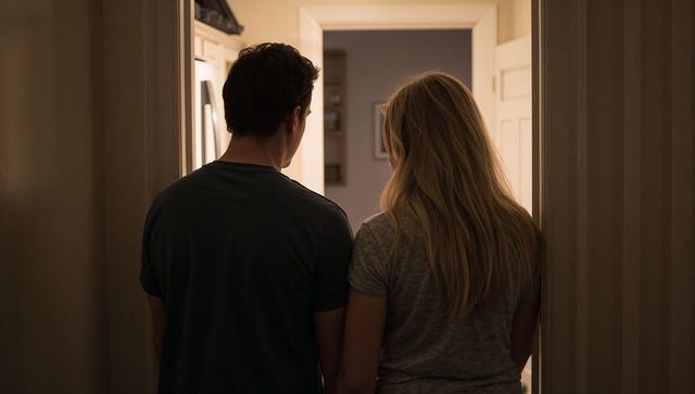 Young couple standing together in dimly lit hallway looking into warmly lit room