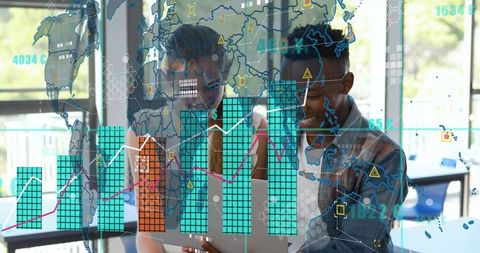 Teenage student and mentor collaborating on interactive data visualization and analytics