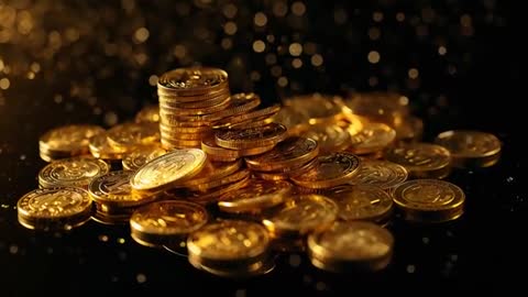 Piling gold coins glinting with sparkling bokeh and dramatic studio lighting