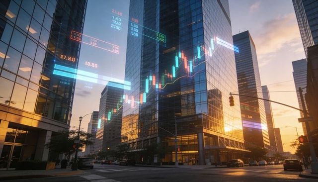 Futuristic financial candlestick charts reflecting on glass skyscraper at sunset