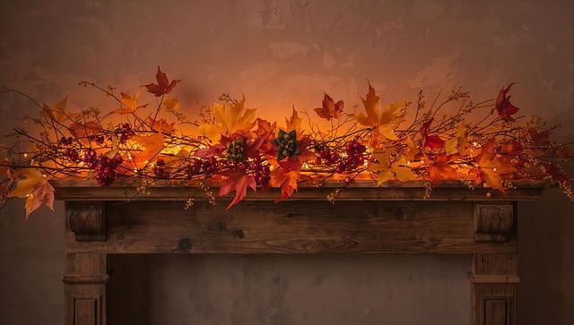 Glowing autumn garland draping across rustic wooden mantel with warm fairy lights
