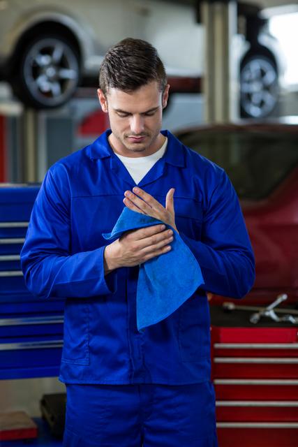 Mechanic in blue uniform wiping hands with a cleaning cloth in a repair garage. Ideal for illustrating automotive repair services, professional mechanics at work, car maintenance, and industrial settings. Useful for websites, brochures, and advertisements related to auto repair shops, mechanical engineering, and professional services.
