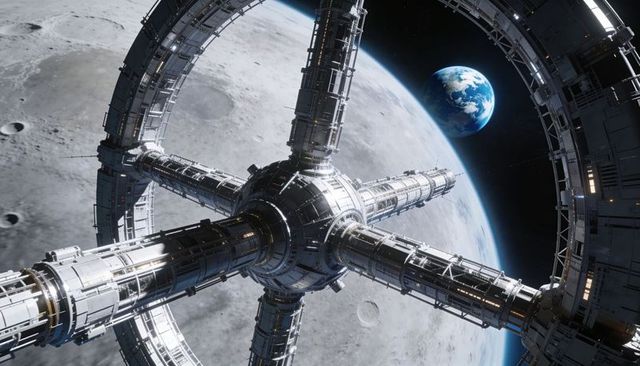 Rotating Lunar Orbital Habitat with Central Hub and Radial Spokes, Earth Crescent