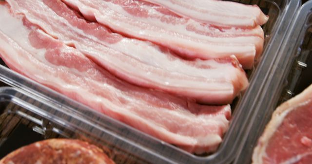 Raw bacon strips are neatly arranged in a plastic tray, ready for cooking or sale. Their pink and white colors indicate freshness and the marbling suggests a rich flavor when cooked.