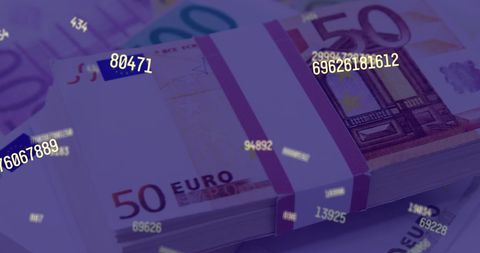 Digital numbers overlaying euro banknotes symbolizing financial technology
