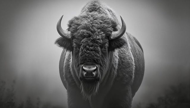 Staring american bison facing camera misty prairie monochrome majestic buffalo