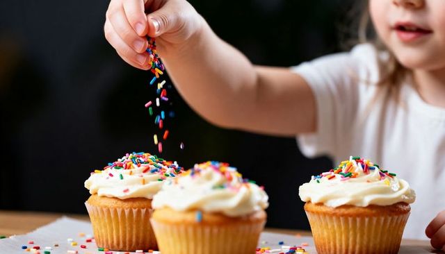 Child's hand sprinkling colorful sprinkles on frosted cupcakes, kid baking activity