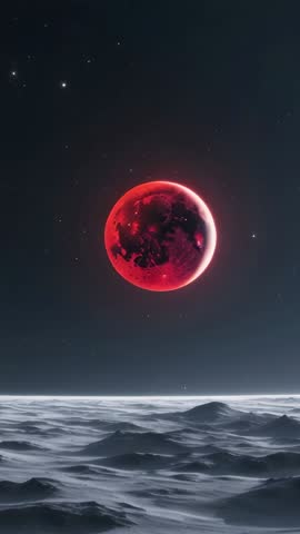 Vertical sci-fi video of glowing red planet rising and rotating over rocky plain under starry sky