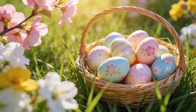 Easter basket holding pastel hand-painted eggs in sunlit spring meadow