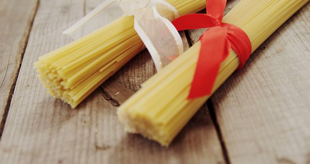 Bundles of Spaghetti with Ribbon Ties on Wooden Surface - Download Free Stock Images Pikwizard.com