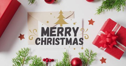 Festive Merry Christmas Greeting with Gifts and Greenery