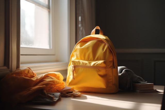 Close up of yellow school bag on table, created using generative ai technology. School, education and learning concept digitally generated image.